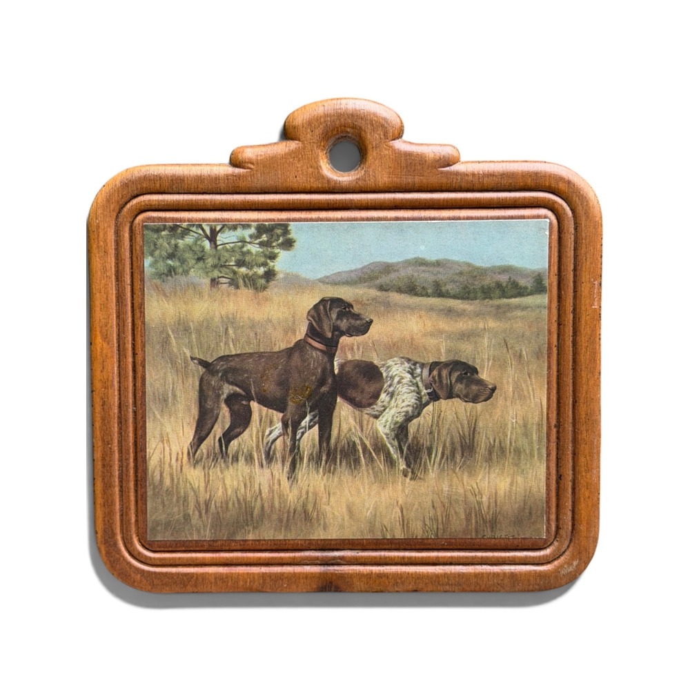 Vintage Wood Hunting Dog Wall Plaque Pointer Illustration Brown 6x6.5in
